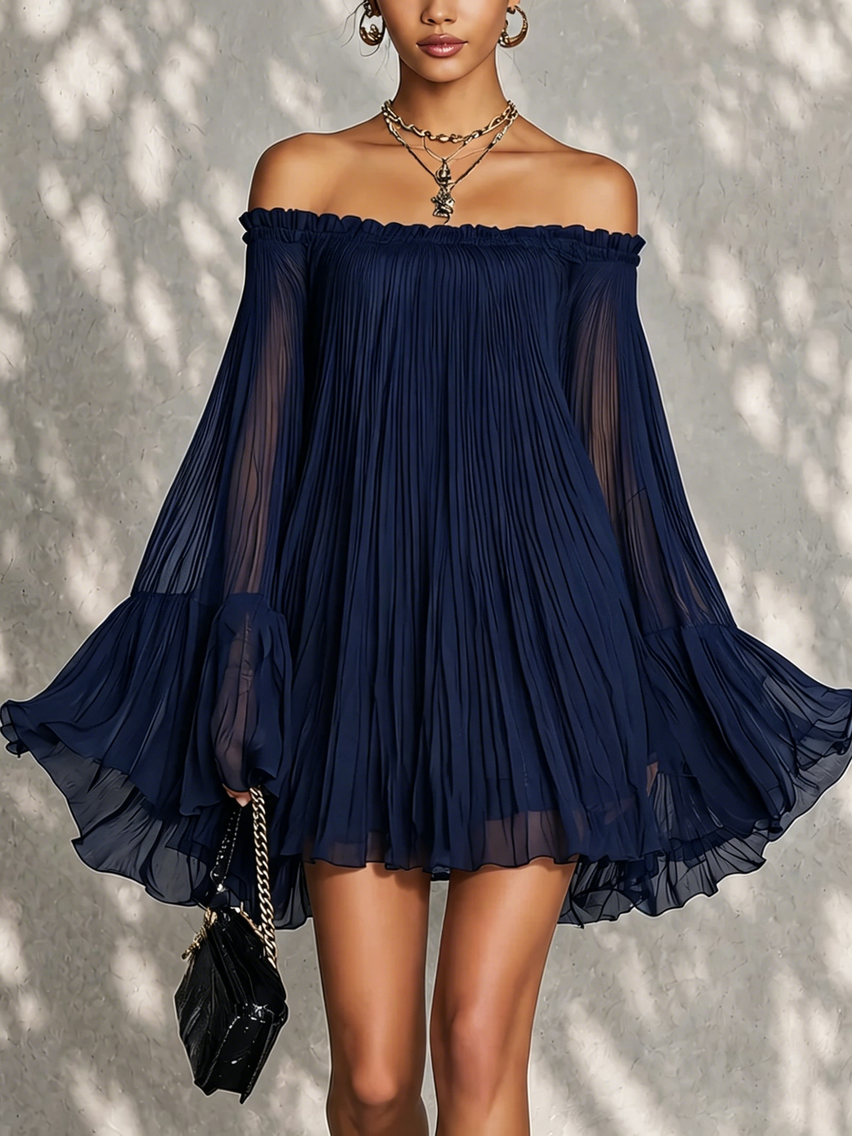Robe Court de Manche évasée à volants et Épaules Dénudés