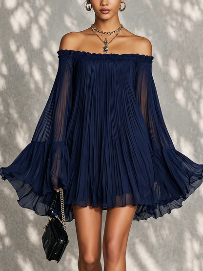Robe Court de Manche évasée à volants et Épaules Dénudés