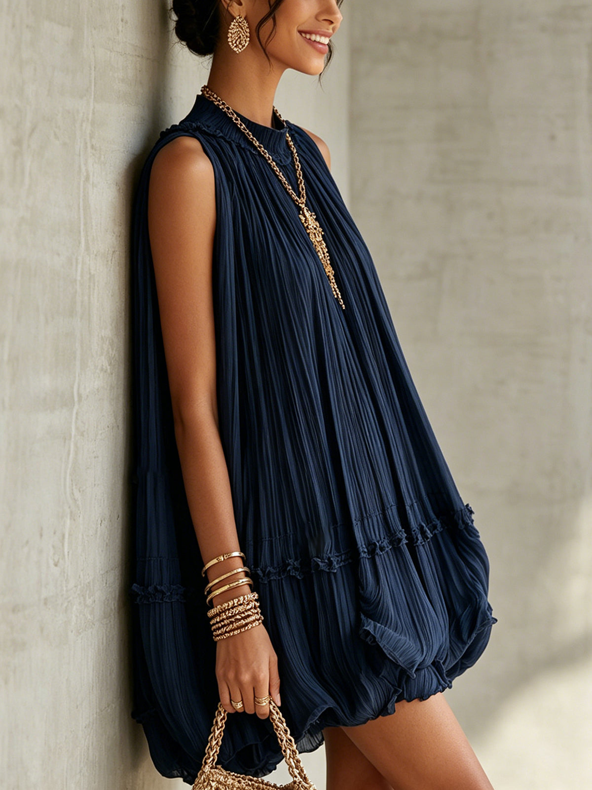 Robe Court de Volants en Chiffon à Col Halter Bleu marine