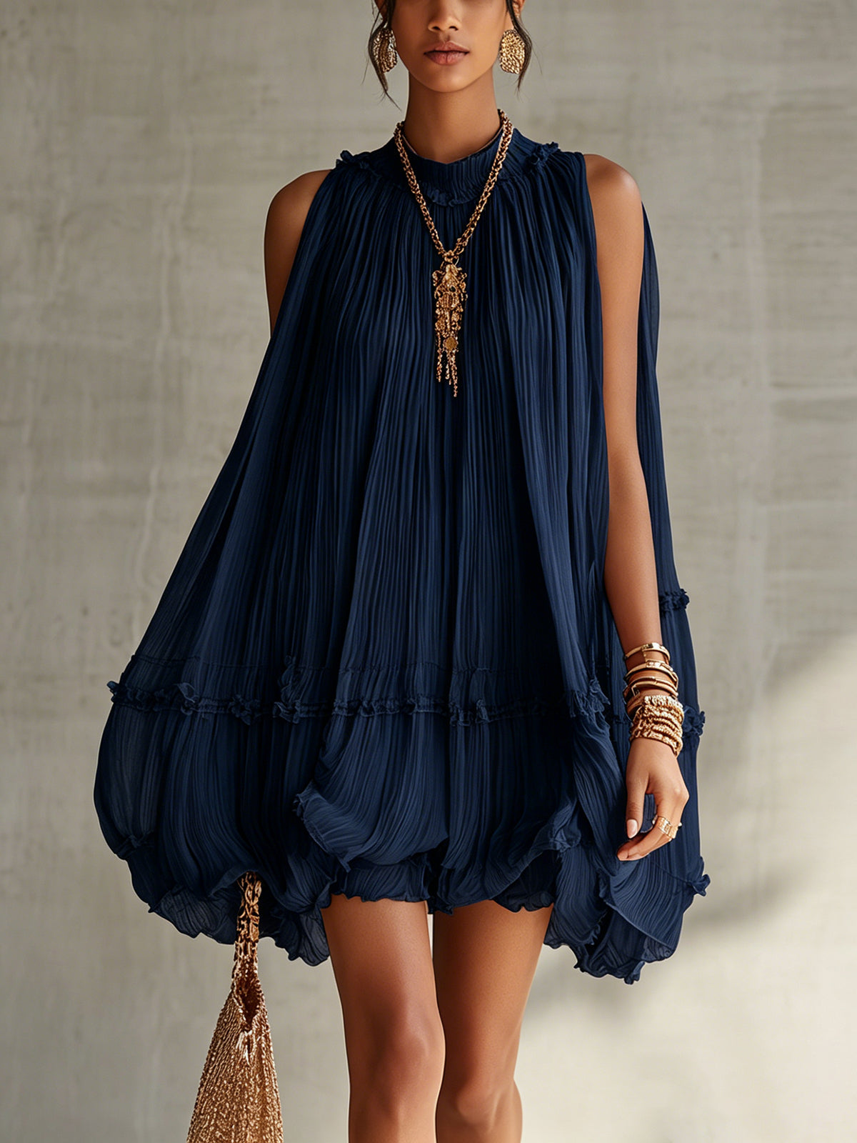 Robe Court de Volants en Chiffon à Col Halter Bleu marine