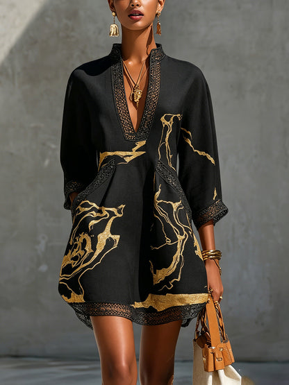 Robe Court en V imprimé en Or Noir