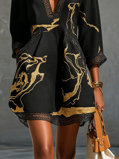Robe Court en V imprimé en Or Noir