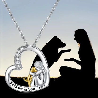 Collier en argent sterling 925 – Motif cœur et chien avec zircone
