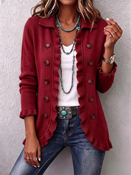 Veste en maille rouge rubis à volants Delphine