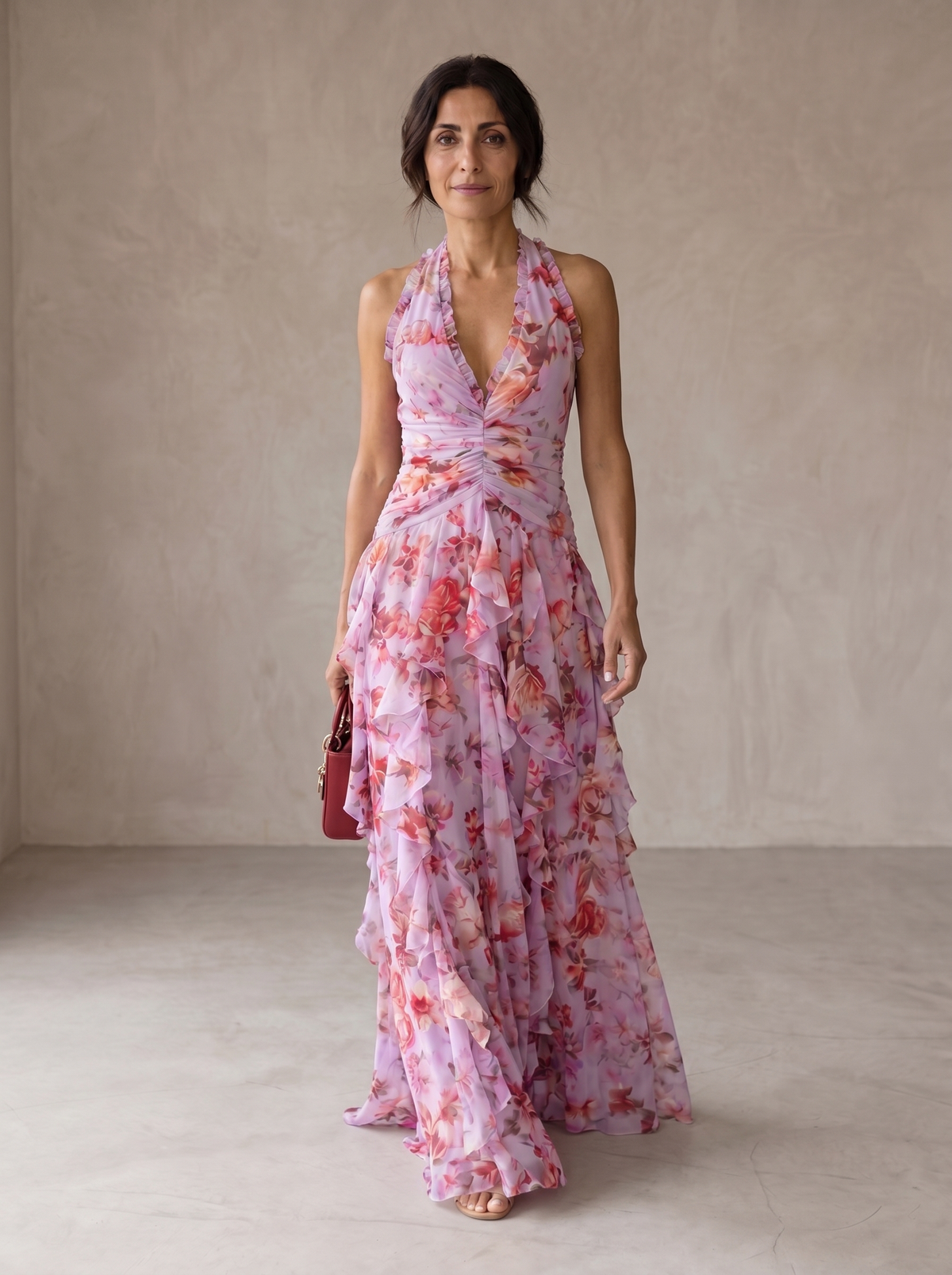 Belladina | Romántica Cascada de Roses Robe Long à Col Américain