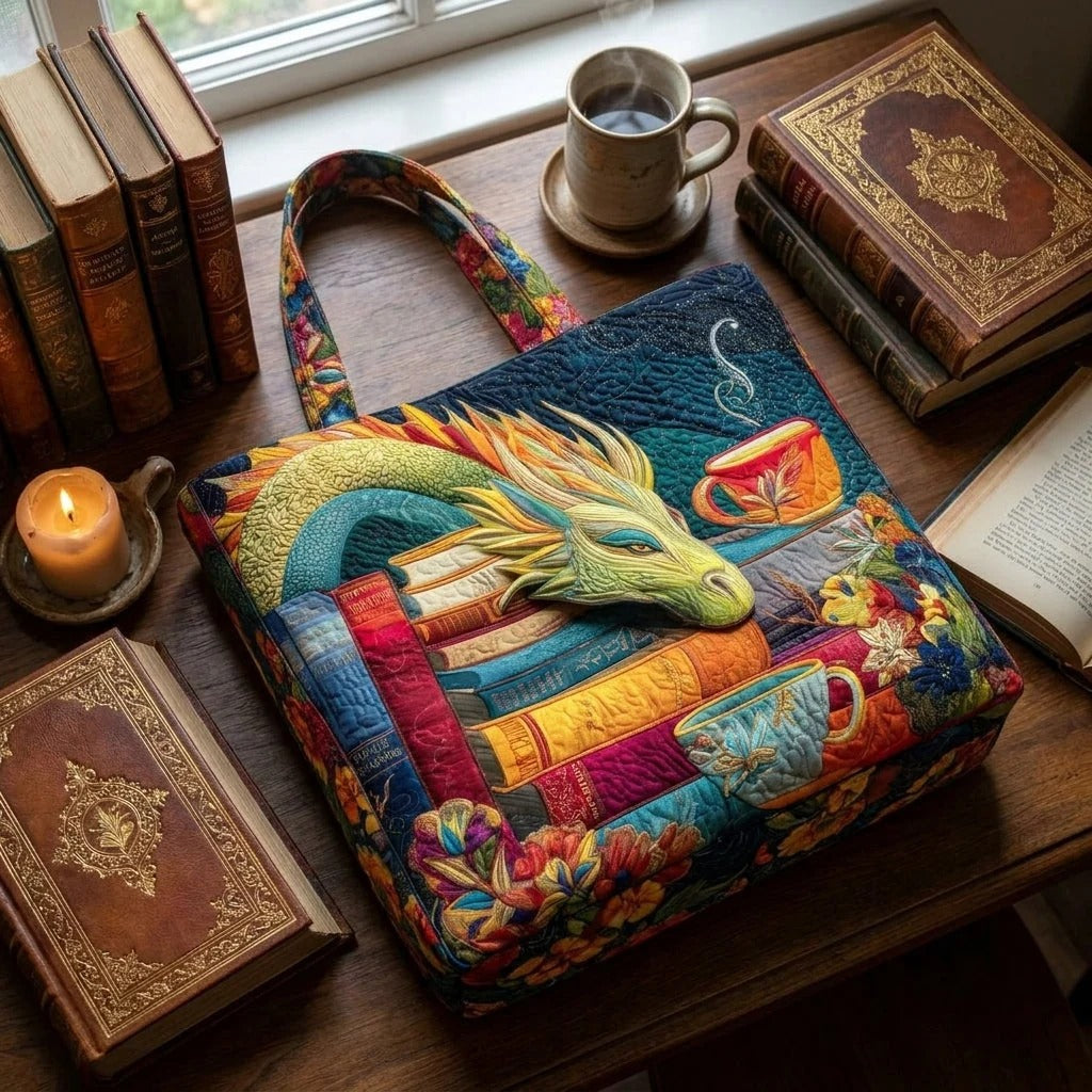 Sac cabas matelassé - Dragon lecteur avec des livres