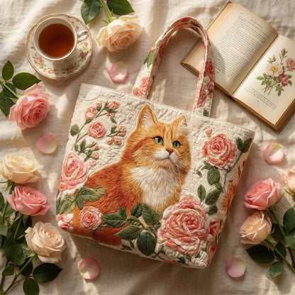 Sac cabas matelassé - Chat roux avec des roses