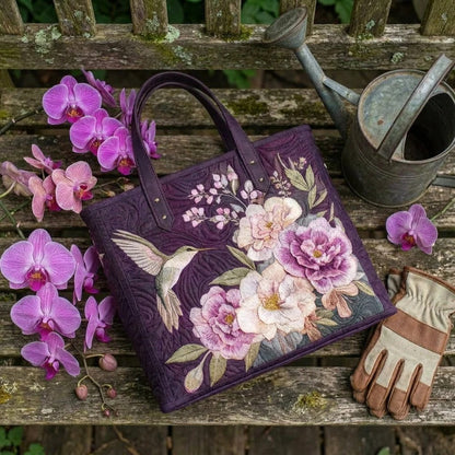 Sac fourre-tout matelassé - Colibri et fleurs roses