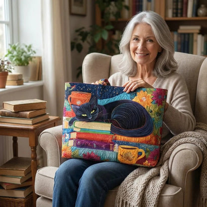 Sac cabas matelassé - Chat noir avec des livres et des tasses