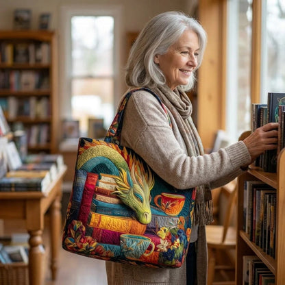 Sac cabas matelassé - Dragon lecteur avec des livres