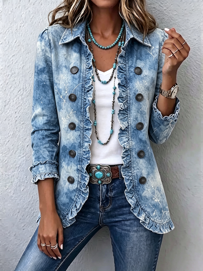 Ginevra | Veste Bohémienne Botanique Vintage Dégradé Bleu avec Volants
