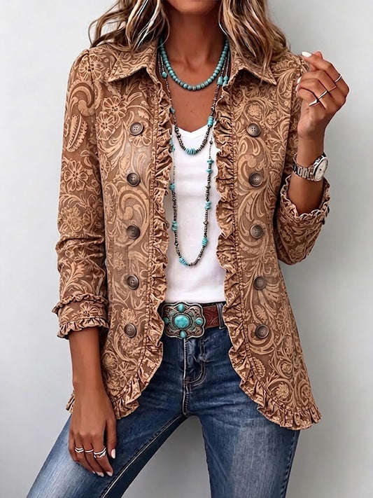 Noemi | Veste Bohémienne Fleurie Vintage Marron avec Volants