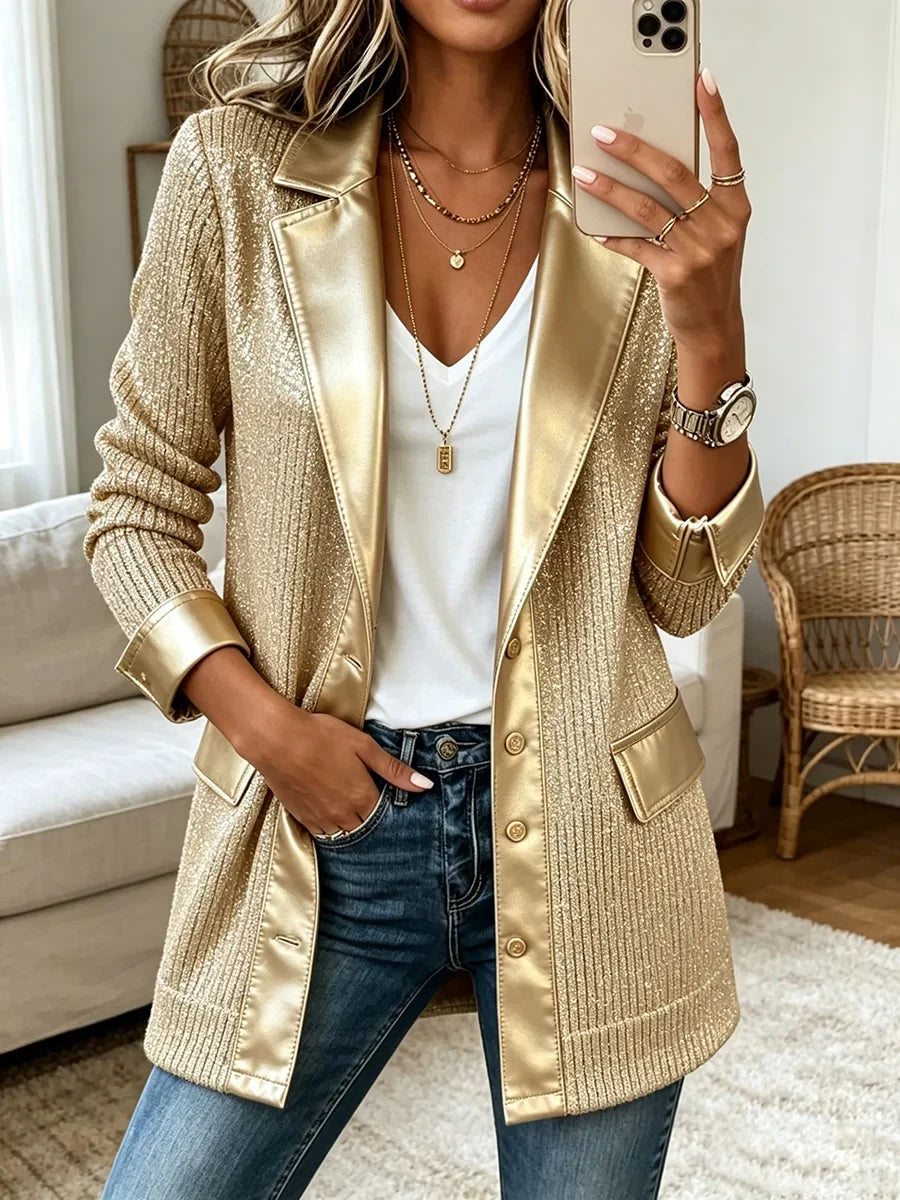 Blazer en maille dorée et détails en similicuir Élise