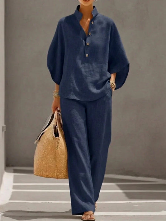 Sophie | Ensemble en lin à manches chauve-souris et pantalon large