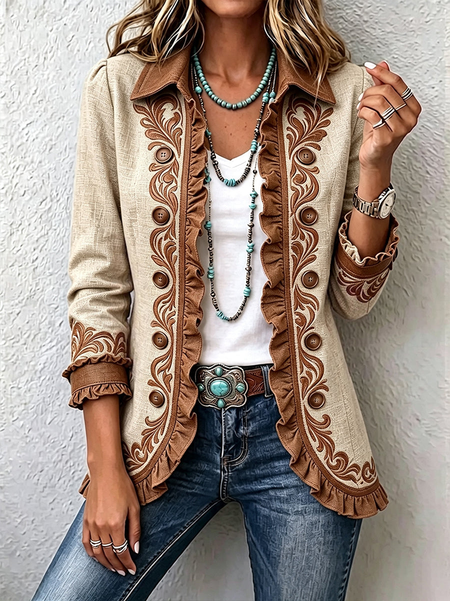 Ottavia | Veste Bohémienne Fleurie Vintage Camel et Marron avec Volants