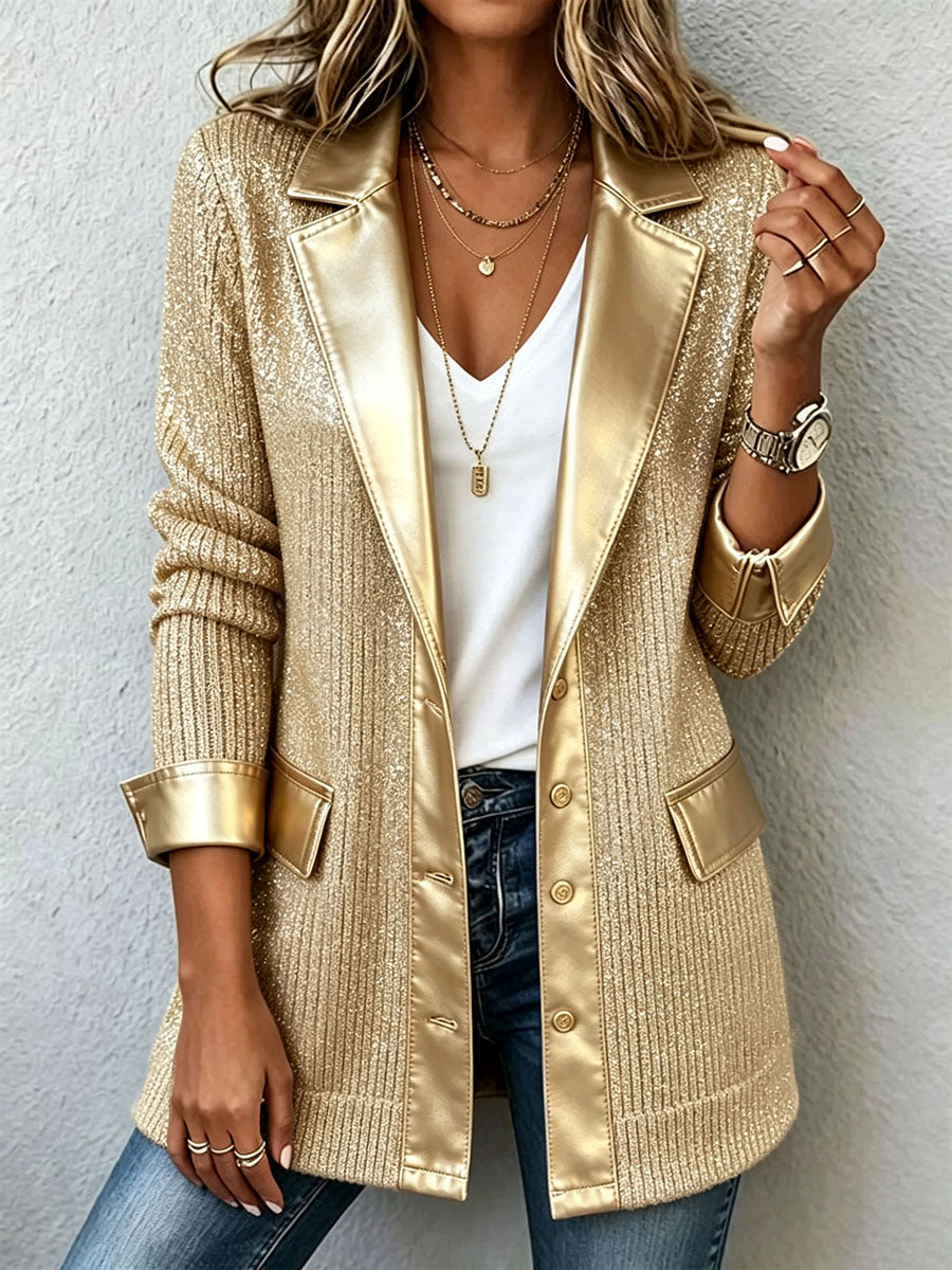 Blazer en maille dorée et détails en similicuir Élise