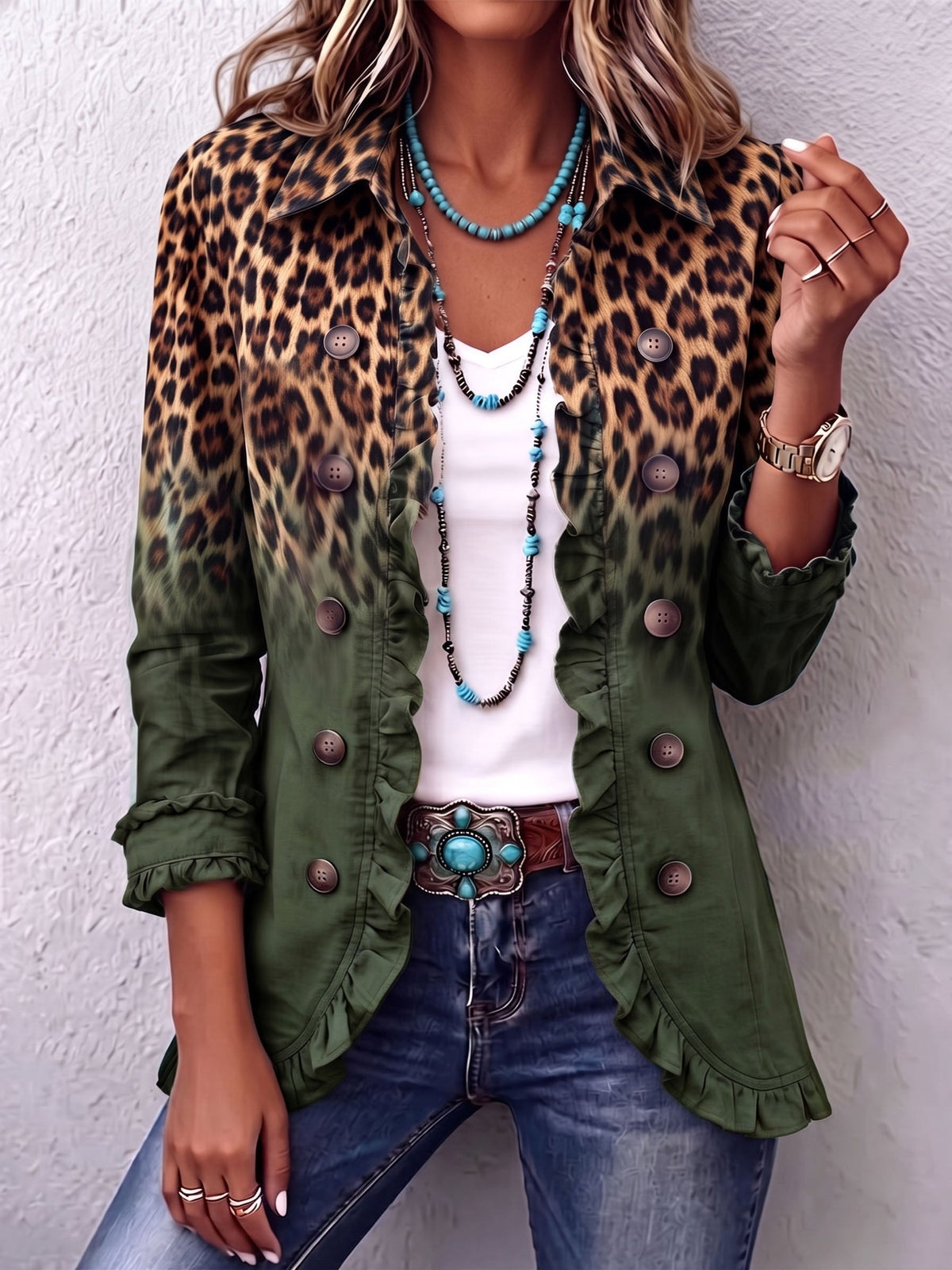 Blazer léopard vert à volants Valentine