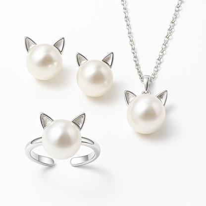 Magnifique collier chat avec perles et boucles d'oreilles + bague offertes