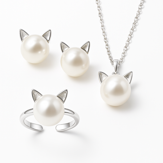 Magnifique collier chat avec perles et boucles d'oreilles + bague offertes