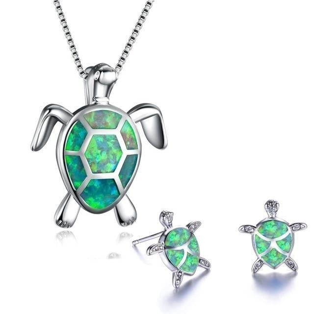 Parure Collier et Boucles d'Oreilles Tortue de Mer en Opale et Argent