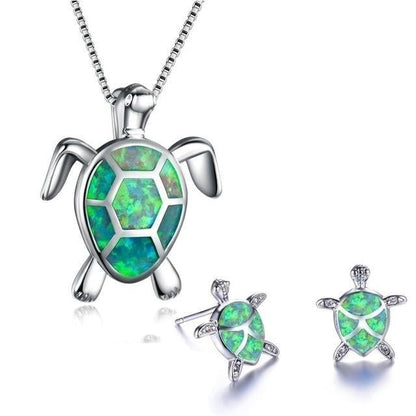 Parure Collier et Boucles d'Oreilles Tortue de Mer en Opale et Argent