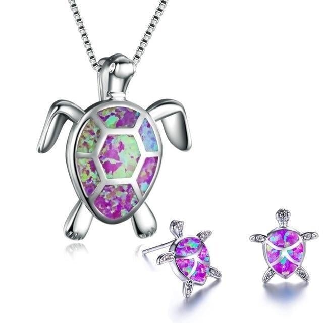 Parure Collier et Boucles d'Oreilles Tortue de Mer en Opale et Argent