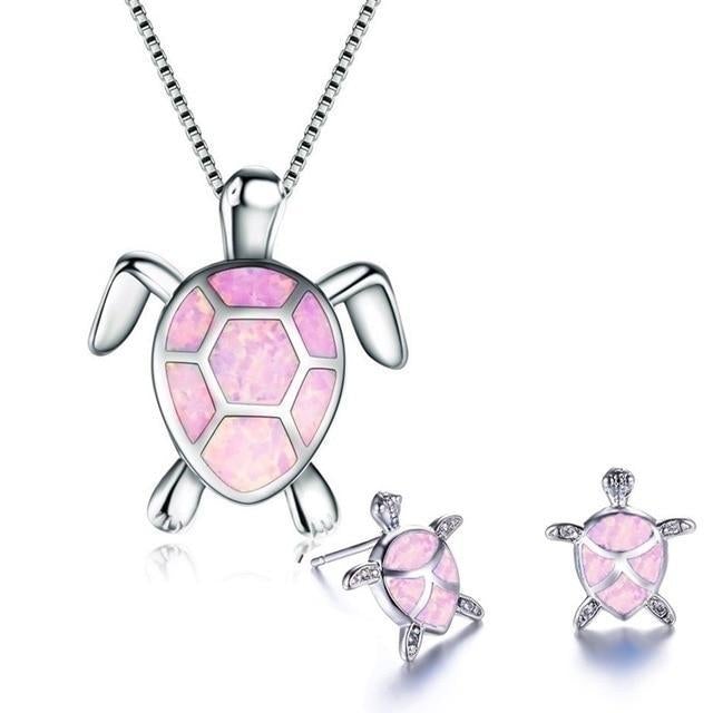 Parure Collier et Boucles d'Oreilles Tortue de Mer en Opale et Argent