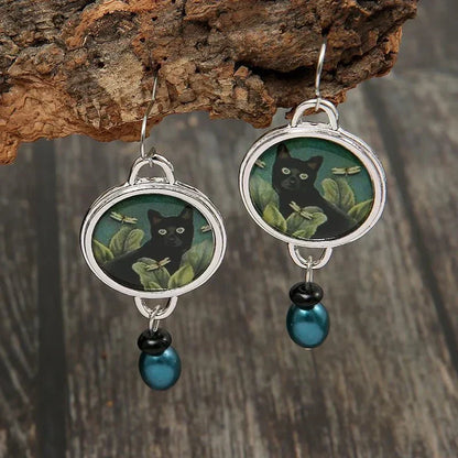 Boucles d'oreilles pendantes vintage chat noir tropical