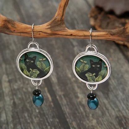 Boucles d'oreilles pendantes vintage chat noir tropical