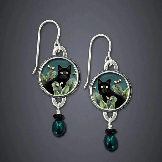 Boucles d'oreilles pendantes vintage chat noir tropical