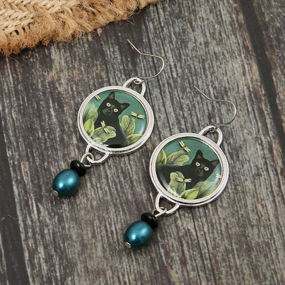 Boucles d'oreilles pendantes vintage chat noir tropical