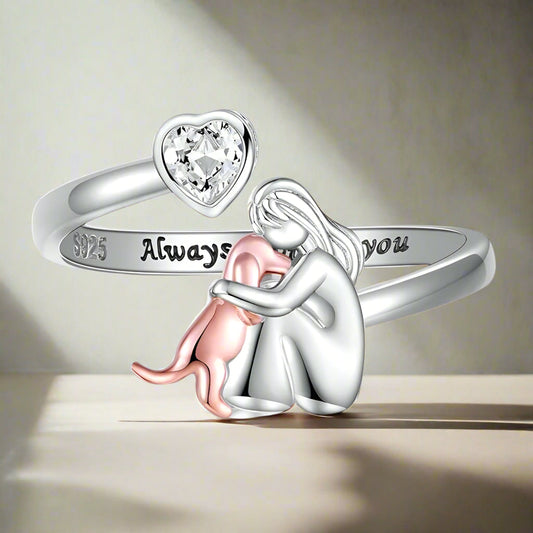 Bague ajustable pour chien en argent sterling 925 – « Toujours dans mon cœur » avec zircone